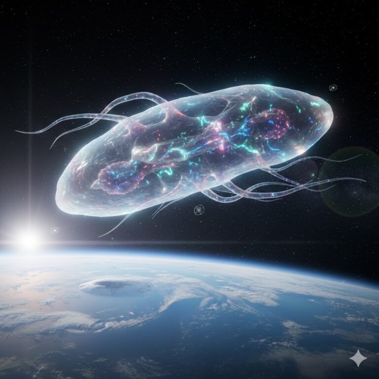 A giant, translucent Amoeba Like Creature drifting through Earth's upper atmosphere.