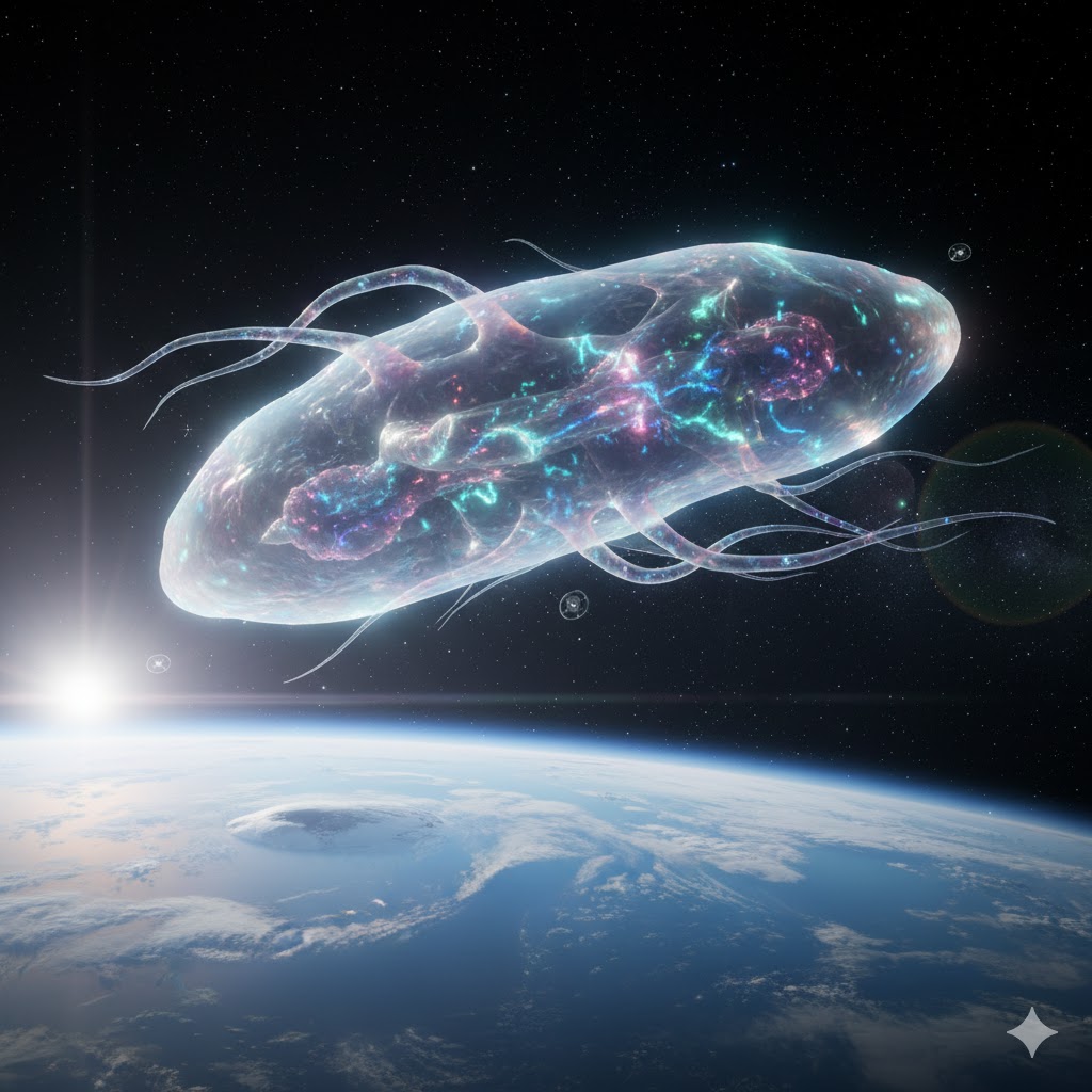 A giant, translucent Amoeba Like Creature drifting through Earth's upper atmosphere.
