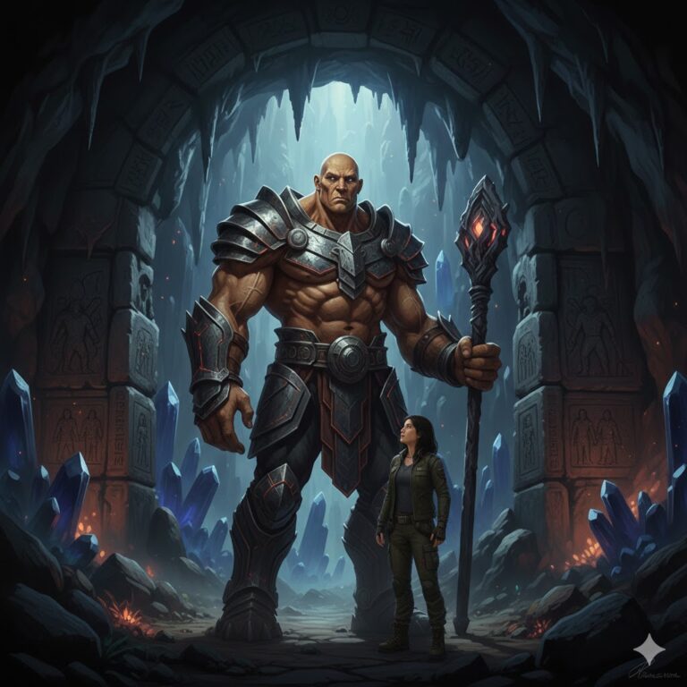 Anakim giant standing next to a human woman in a crystal cavern for scale.