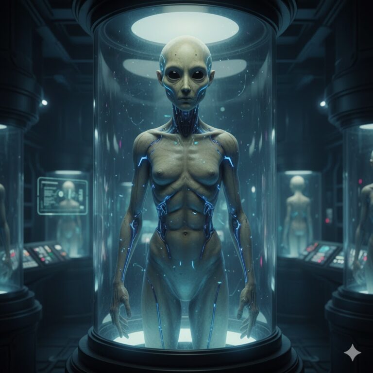 An alien android in a stasis pod on a high-tech spaceship.