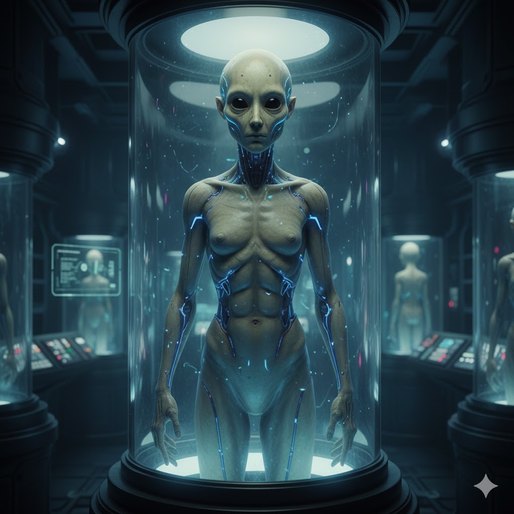 An alien android in a stasis pod on a high-tech spaceship.