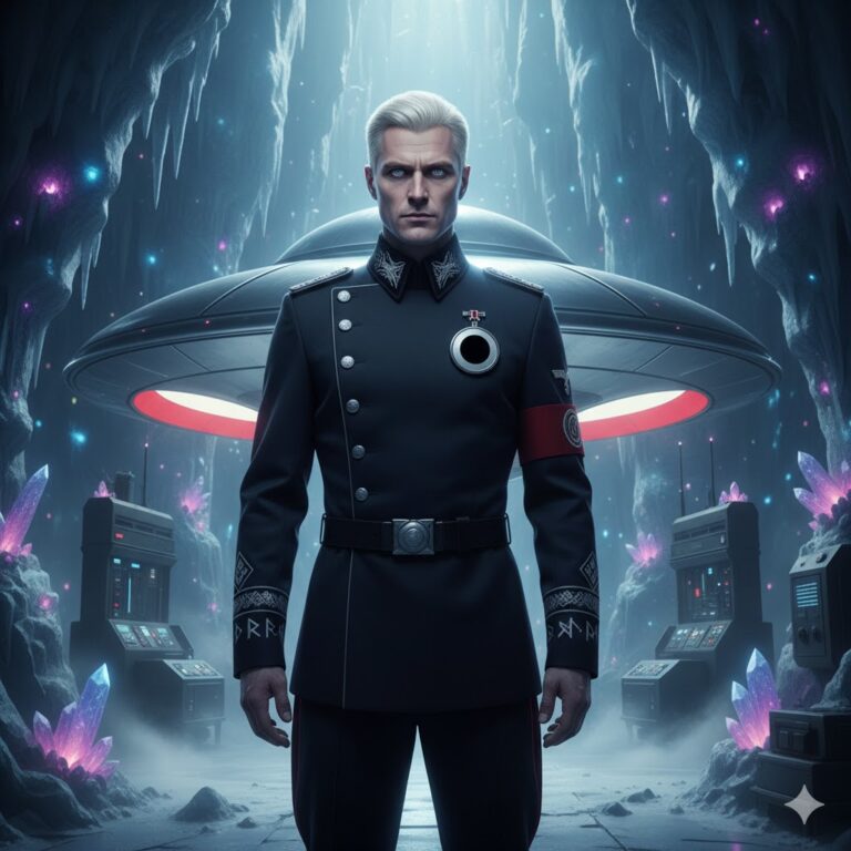 An Antarctican pilot standing at attention in an icy cavern base with a silver saucer craft.