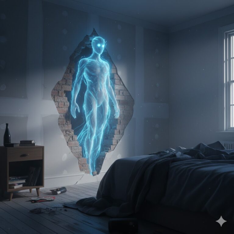 A translucent, glowing blue holographic apparition walking through a bedroom wall.
