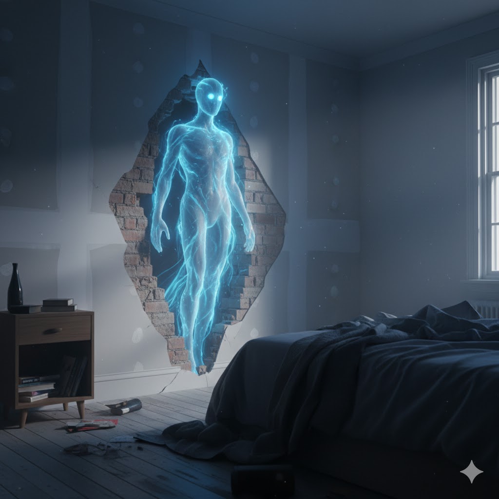 A translucent, glowing blue holographic apparition walking through a bedroom wall.