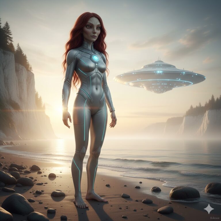 A tall Arian humanoid with red hair standing in a silver jumpsuit on the Baltic coast of Rügen with a disc-shaped craft overhead.
