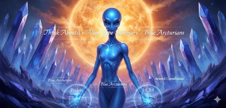 A Blue Arcturian 5D healer manifesting in a glow of indigo light with crystalline starship arrays.
