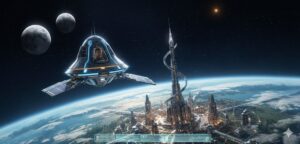 Cessnan Scout Ship powered by solar energy sails orbiting planet Cessna with two moons.