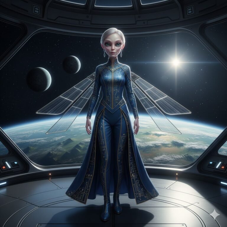 Cessnan Alien Diplomat standing on a starship with planet Cessna and its two moons in the background.