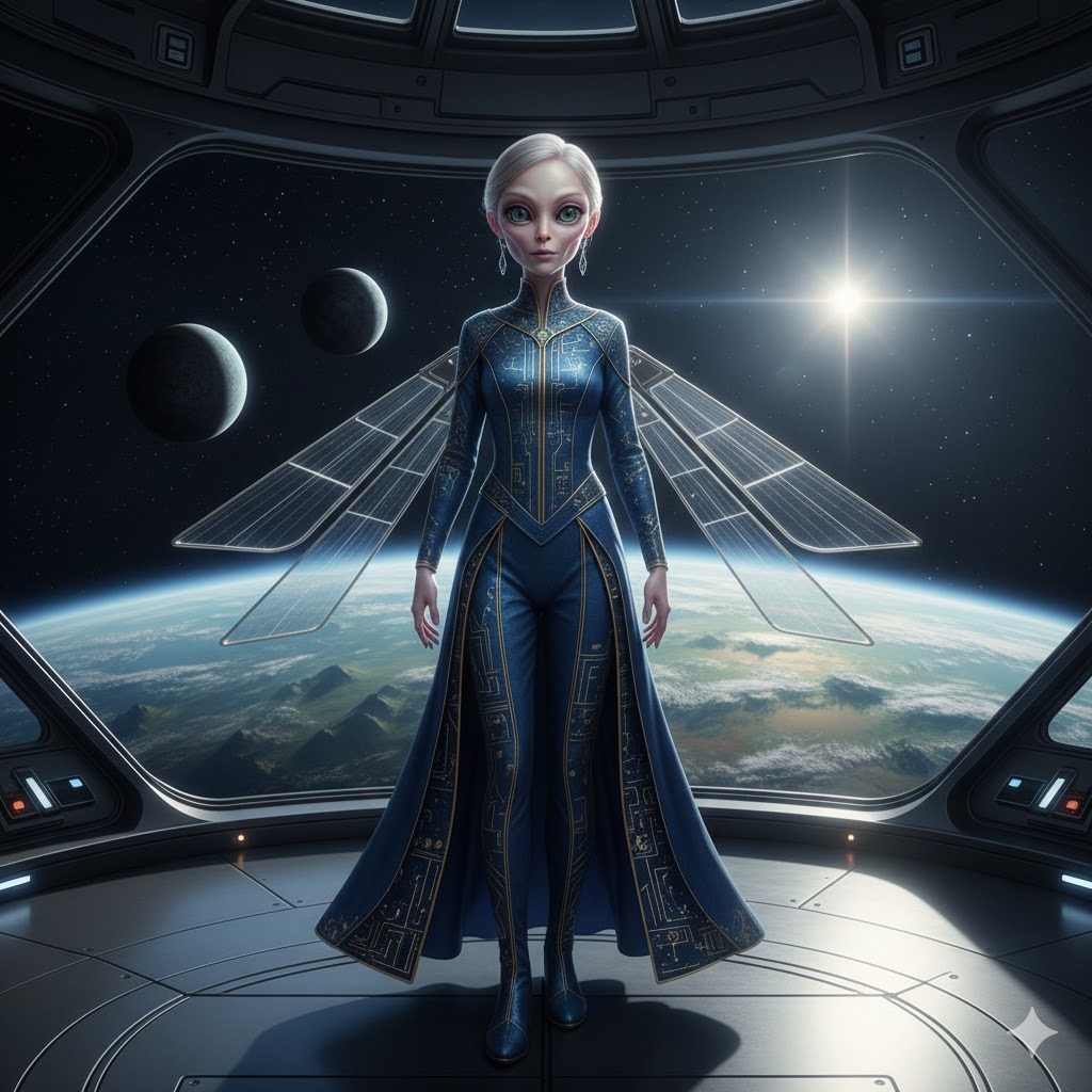 Cessnan Alien Diplomat standing on a starship with planet Cessna and its two moons in the background.