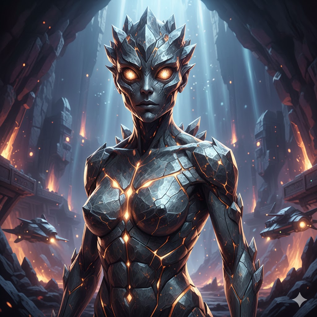 female Conformer alien with crystalline silicon-based skin and glowing amber eyes in a volcanic subterranean environment.