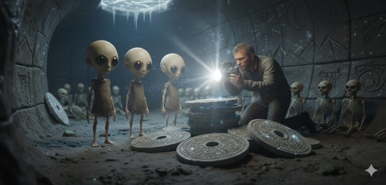Photorealistic depiction of 3-foot-tall Dropa aliens standing next to ancient stone discs in a Himalayan cave.