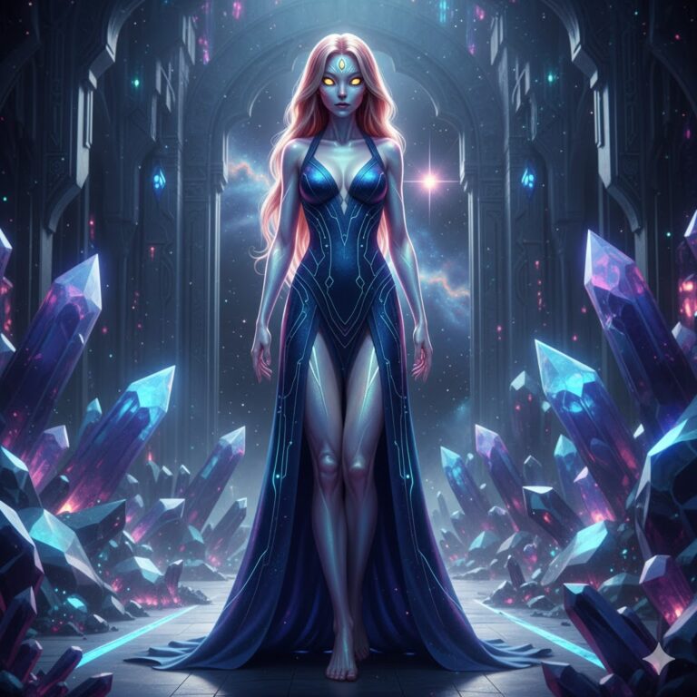 EL Hybrid female alien from Mintaka with iridescent skin and luminous eyes in a crystalline structure.