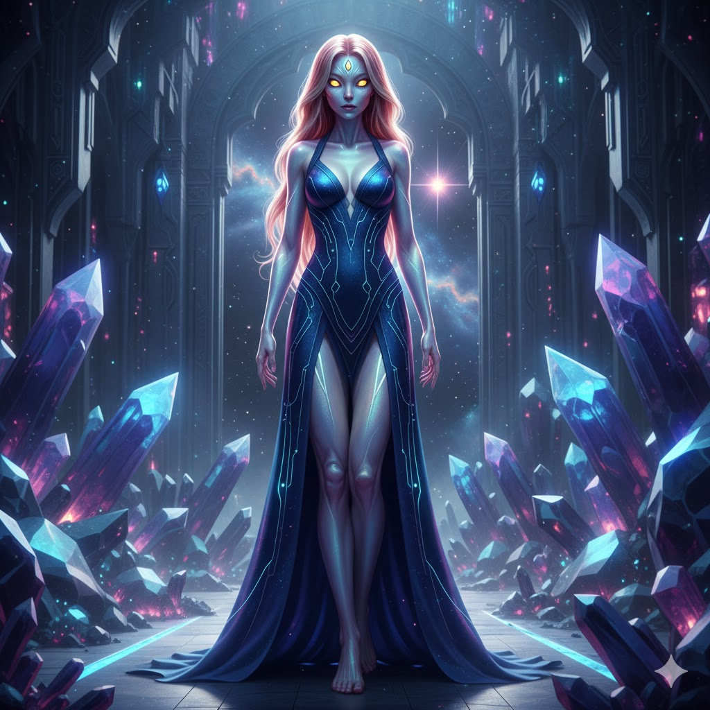 EL Hybrid female alien from Mintaka with iridescent skin and luminous eyes in a crystalline structure.