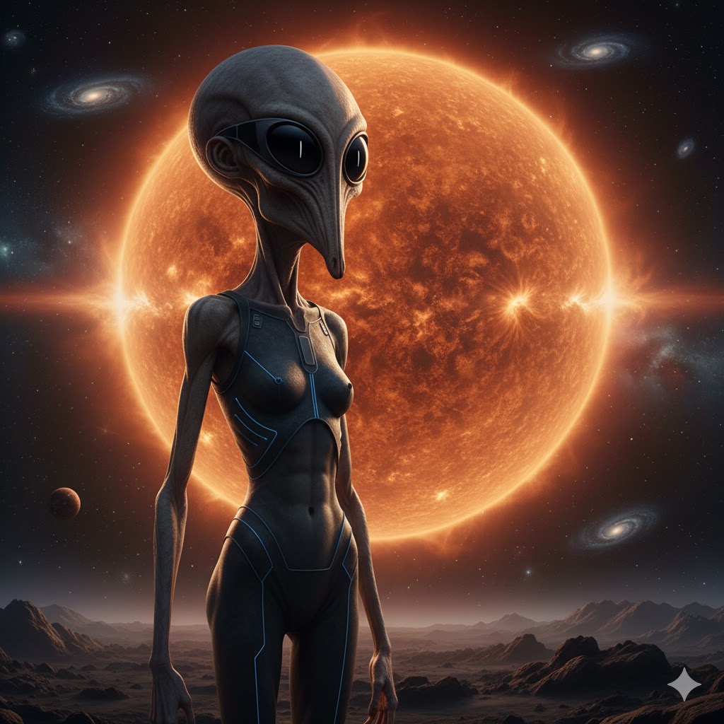 Eban female alien from Betelgeuse with grey skin and large nose standing in space.
