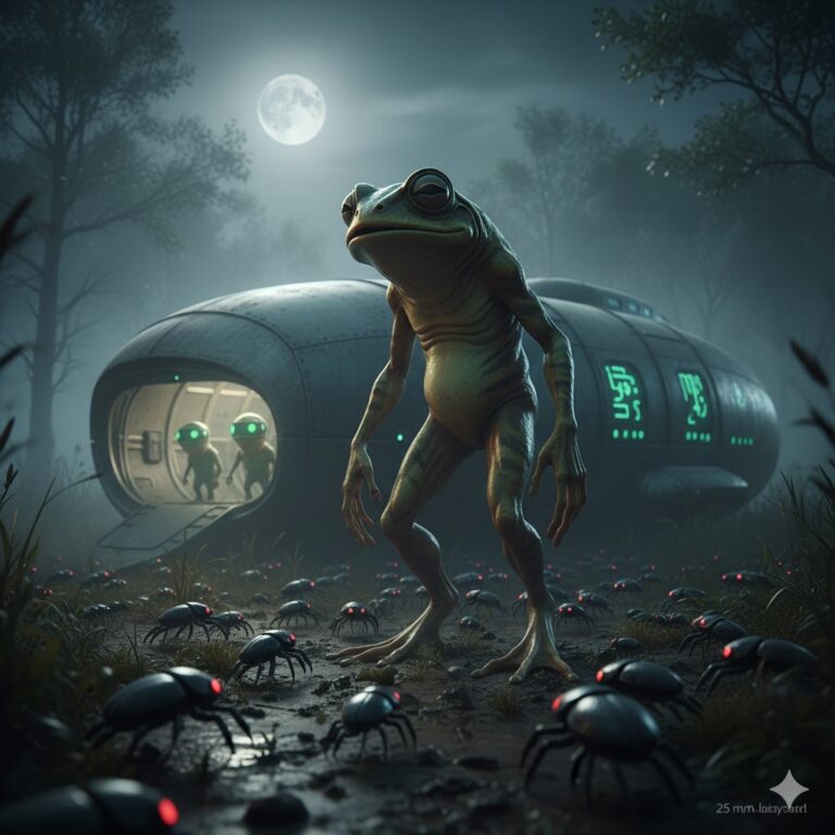 Frogman alien three-toed amphibian with black beetle drones near bus-sized craft Orland Park.