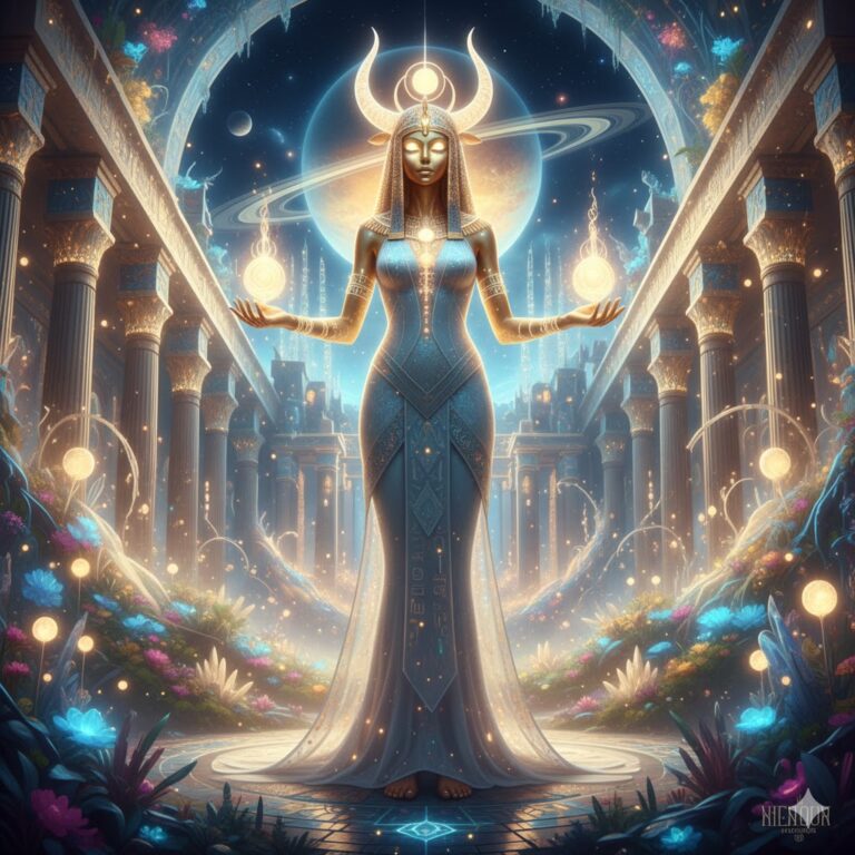 Hathor alien type golden skin 12 feet tall Egyptian aesthetic Venusian temple.