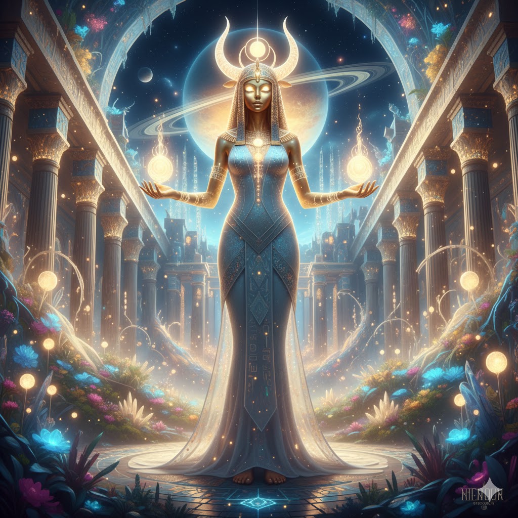 Hathor alien type golden skin 12 feet tall Egyptian aesthetic Venusian temple.