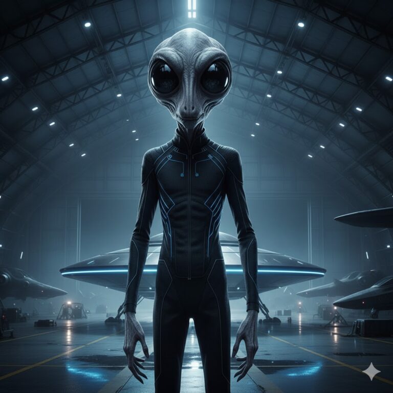 A 9-foot Tall Gray alien (Eben) with a prominent large nose standing in a high-tech hangar, representing the Orion hierarchy.