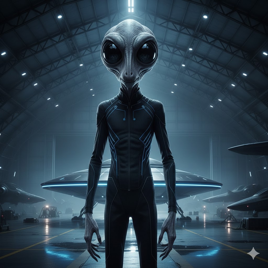 A 9-foot Tall Gray alien (Eben) with a prominent large nose standing in a high-tech hangar, representing the Orion hierarchy.