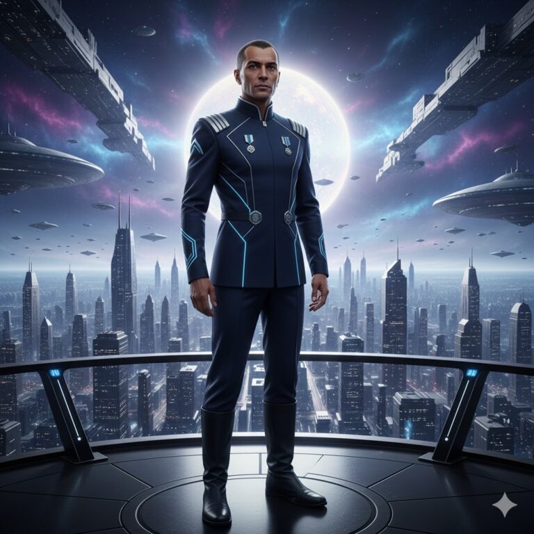 Marcabian diplomat in high-collared uniform overlooking a futuristic city on Markab - Marcab Confederacy.
