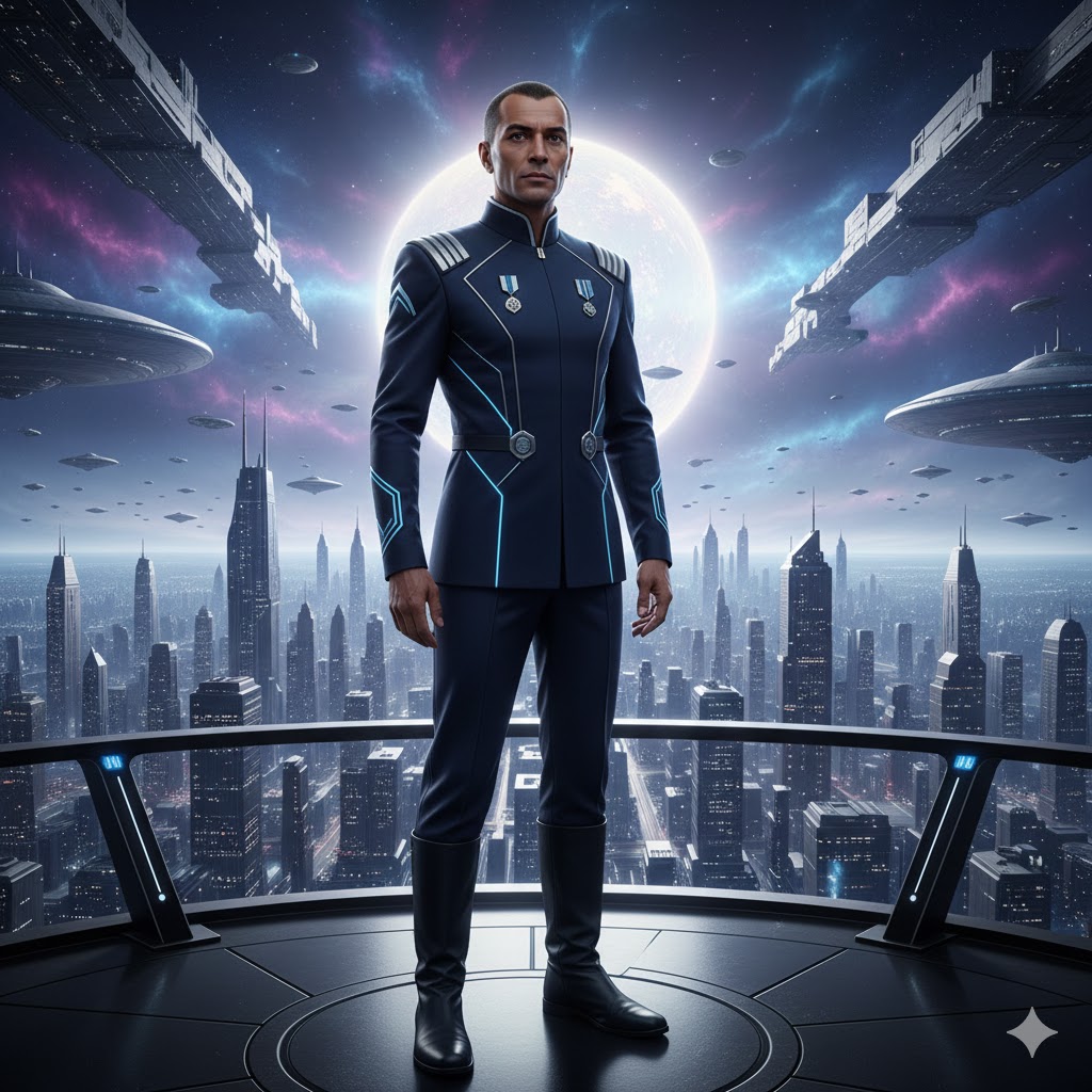Marcabian diplomat in high-collared uniform overlooking a futuristic city on Markab - Marcab Confederacy.