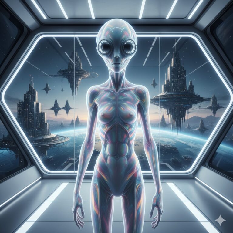 A slender, translucent Meta-Terrestrial alien with silver eyes standing in a futuristic temporal chamber overlooking a high-tech Earth.