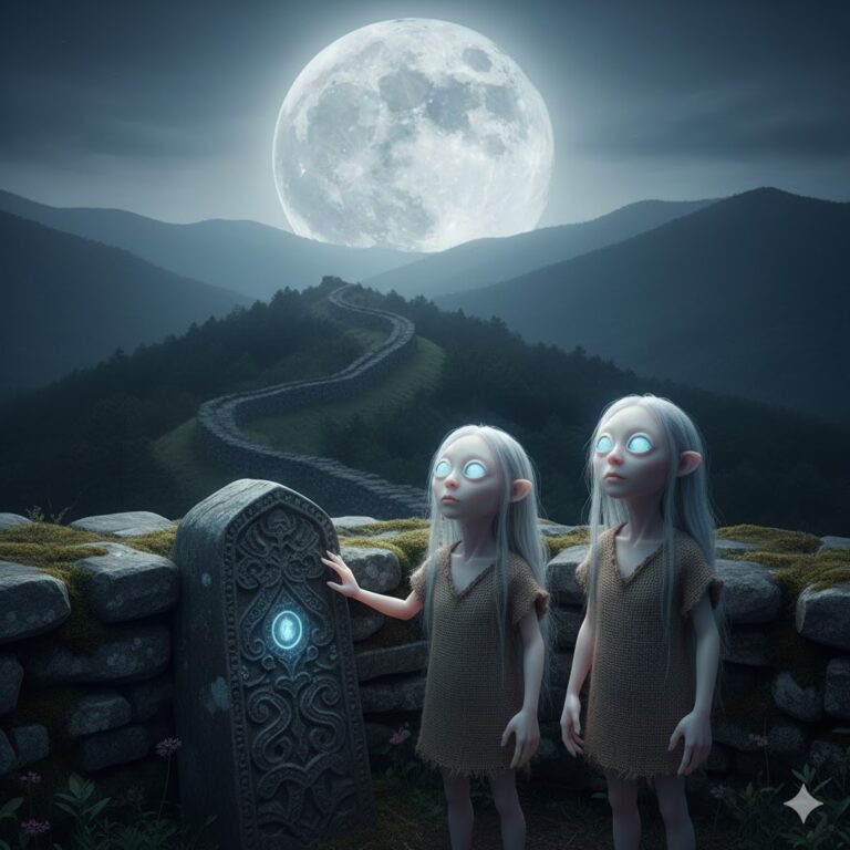 Two Moon-Eyed People with large blue eyes and flaxen hair standing by an ancient stone wall at Fort Mountain under a full moon.