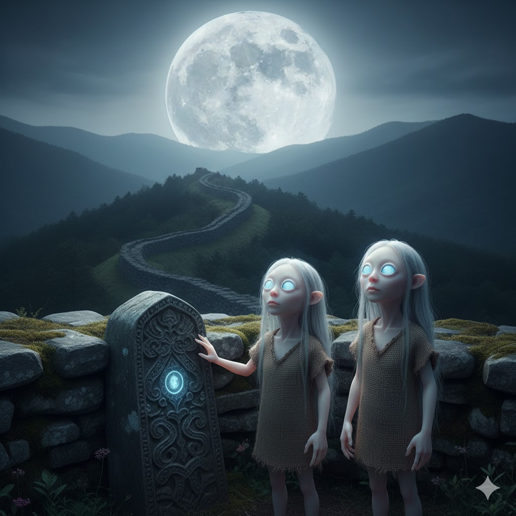 Two Moon-Eyed People with large blue eyes and flaxen hair standing by an ancient stone wall at Fort Mountain under a full moon.
