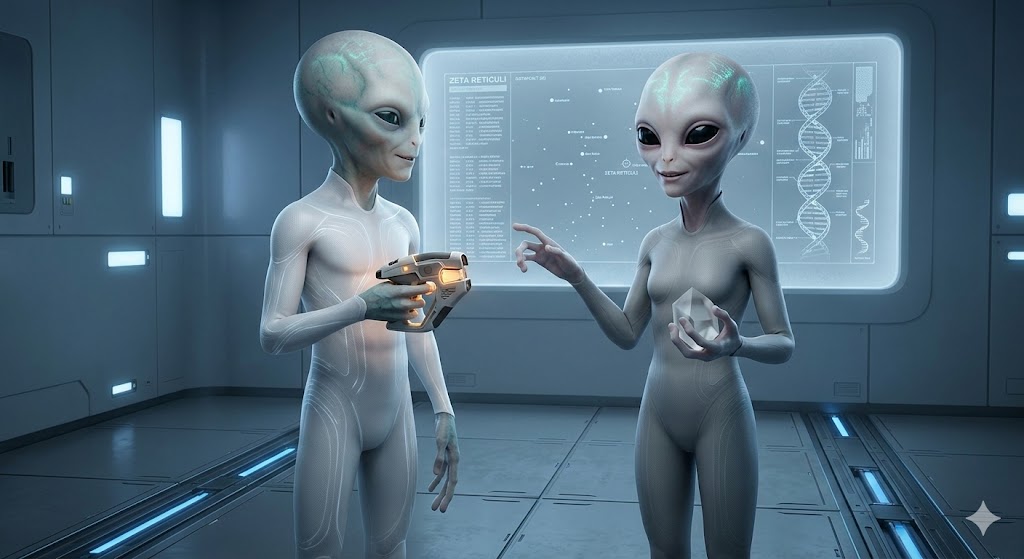 Two Neonate Grey aliens with large black eyes and pale smooth skin standing in a high-tech laboratory environment with holographic displays of Zeta Reticuli.