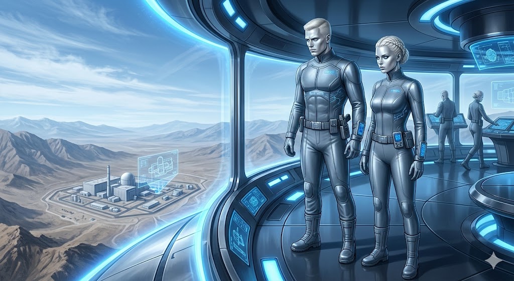 Male and female Norcan officers in slate-grey uniforms standing inside a high-tech observation deck overlooking a nuclear facility. The room is bathed in a soft blue glow.