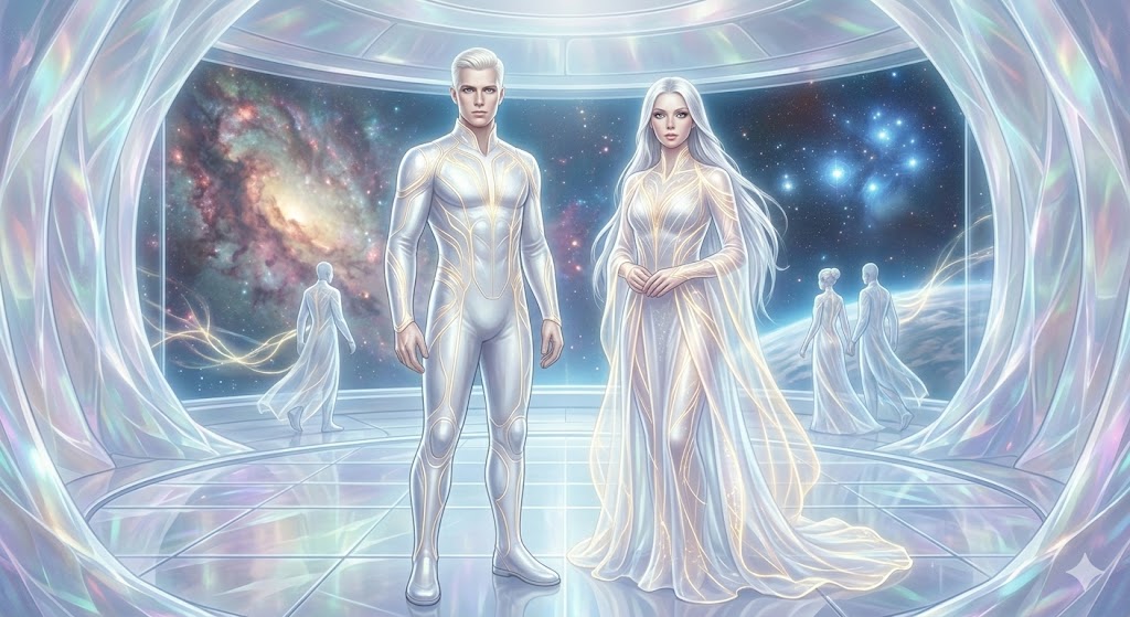 Male and female True Nordic humanoids with glowing blonde hair and luminous white robes standing inside a crystalline light-ship with a nebula visible in the background.