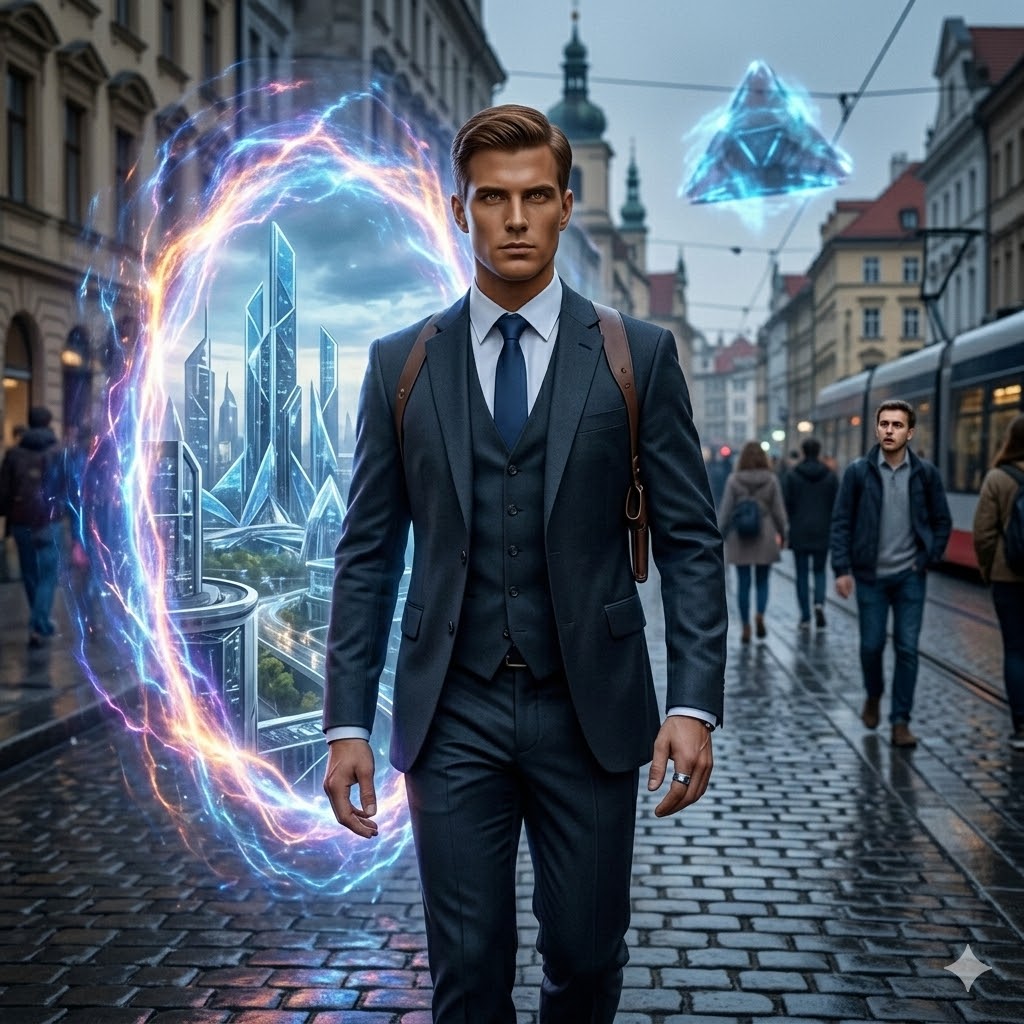 A male Nors agent in a sharp modern suit walking through a glowing blue interdimensional portal on a busy city street. In the background, a triangular phase-craft and a futuristic cityscape are visible.