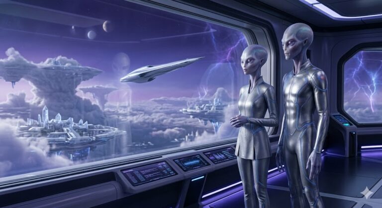 Male and female Nyptonian humanoids with slender builds and grey-blue skin standing on an observation deck. A needle-shaped scout craft and a floating cloud-city are visible in the background.