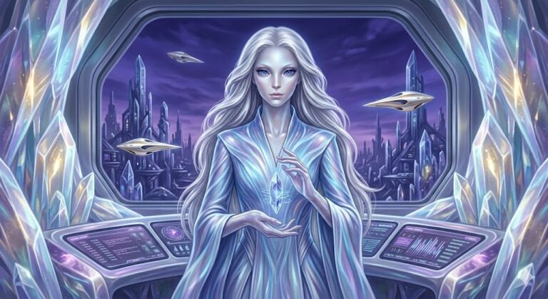 A stunning female Oliverian with flowing silver hair and pearlescent skin, holding a glowing memory crystal. Behind her are the crystal spires of Olivera and teardrop-shaped ships.