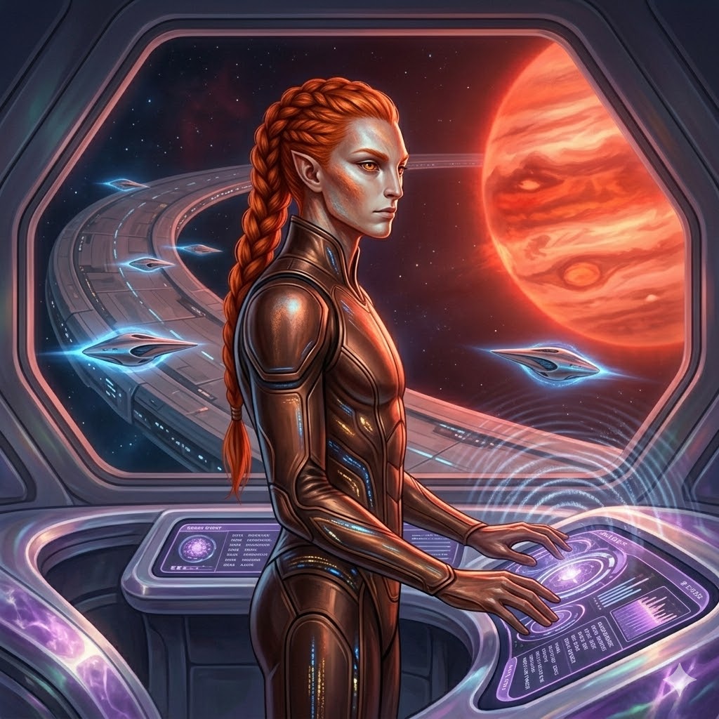 A tall Orangean humanoid with a long copper-red braid and amber eyes, operating a glowing purple holographic interface. In the background, an orbital ring-station and a red dwarf star are visible through a hexagonal viewport.