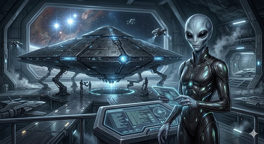 A tall, slender Orion Regent with pale slate-grey skin and large black wrap-around eyes. Behind him, a massive Black Triangle craft (TR-3B style) hovers over a futuristic Orion outpost in the Belt.