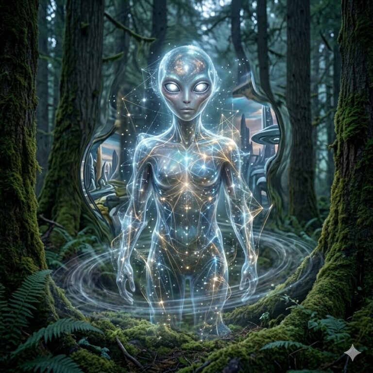 A luminous, translucent Para-Terrestrial humanoid entity appearing as a constellation of star points and pulsing geometric lines. It is manifesting in a dark forest, causing the air to ripple and reflecting a peaceful, alternate dimension within the distortion.