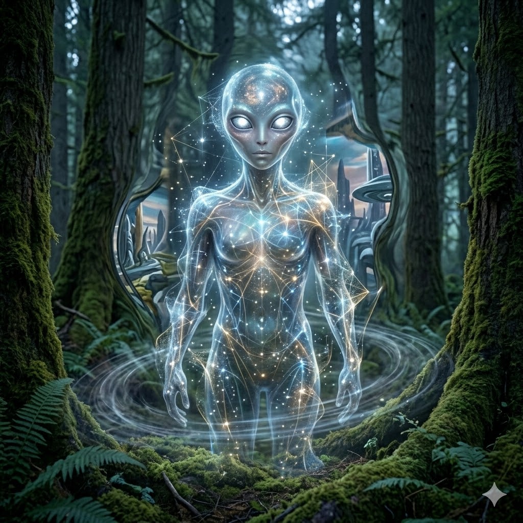 A luminous, translucent Para-Terrestrial humanoid entity appearing as a constellation of star points and pulsing geometric lines. It is manifesting in a dark forest, causing the air to ripple and reflecting a peaceful, alternate dimension within the distortion.