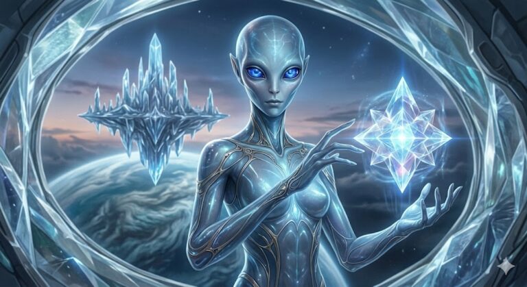 A tall female Pegasian with shimmering translucent blue skin and glowing sapphire eyes. She holds a floating, intricate crystalline light-construct (star-shaped) in her hand. In the background, a floating crystalline city hovers over a planet with iridescent light-ships nearby.