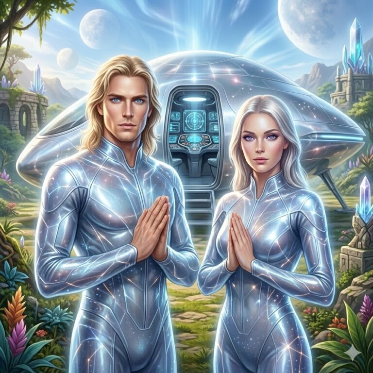 A beautiful male and female Pleiadean standing in front of a silver Beamship. They have blonde hair, blue eyes, and are wearing shimmering silver-blue flight suits. The background shows a lush, high-vibrational landscape of the planet Erra.