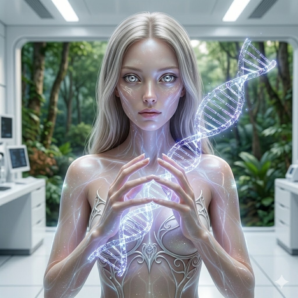 A beautiful Stage-4 hybrid female with large, silver-flecked eyes and translucent skin. She is surrounded by a glowing blue aura and is holding a holographic DNA strand. In the background, a high-tech white laboratory interfaces with a lush natural forest.