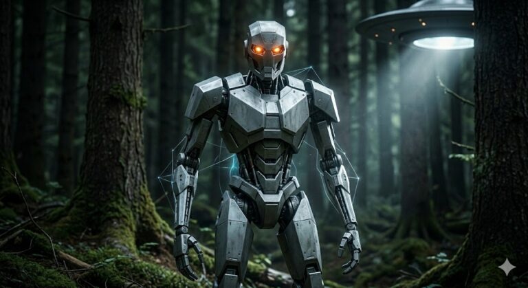A tall, blocky metallic robot-like being with glowing orange eyes and jointed limbs standing in a dark Brazilian forest. A beam of light from a hovering craft illuminates its silver plating.