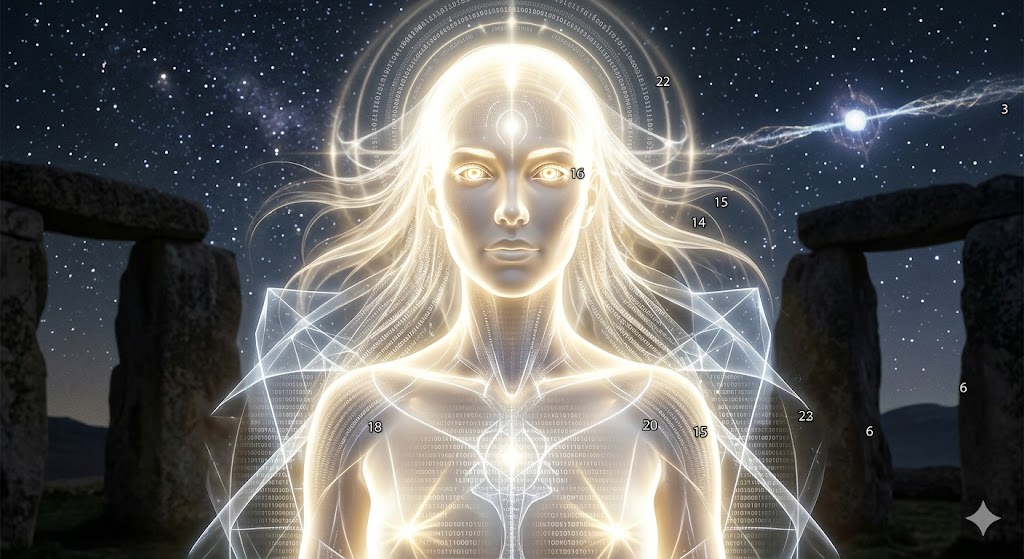 A tall, radiant humanoid 'Shining One' glowing with golden-white light, standing in an ancient Tibetan monastery. Faint geometric phosphene patterns swirl in the background aura.
