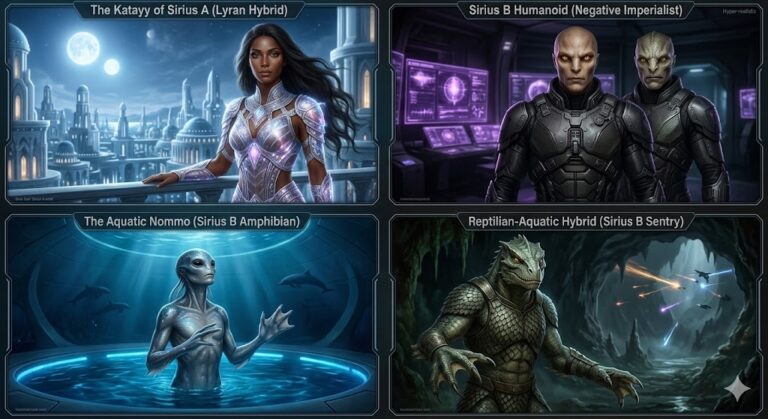 A tall, dark-skinned Sirian humanoid from Sirius A standing next to a cybernetic Men In Black (MIB) entity from Sirius B. In the background, a Nommo amphibian emerges from a pool in an ancient Egyptian temple.