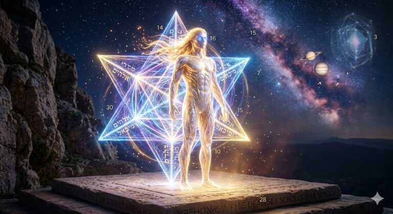 A hyper-realistic golden humanoid figure, a Son of Light, manifesting a brilliant blue and gold Merkabah (star tetrahedron). The figure stands on an ancient altar with Dead Sea Scroll inscriptions, under a swirling 2026 night sky filled with nebulae