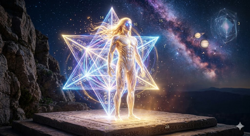 A hyper-realistic golden humanoid figure, a Son of Light, manifesting a brilliant blue and gold Merkabah (star tetrahedron). The figure stands on an ancient altar with Dead Sea Scroll inscriptions, under a swirling 2026 night sky filled with nebulae