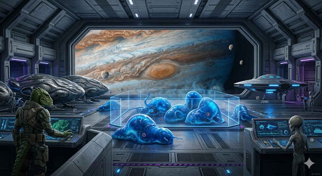 A high-tech deck on a ship near Jupiter. Several large blue Stinky Blobs are held in a transparent blue containment field. A Reptilian officer and a Grey alien monitor them from consoles. The Great Red Spot of Jupiter is visible through the massive viewing window.