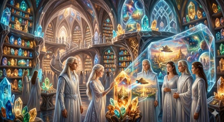 A vast, crystalline library hall with spiraling stairs. Tall, blonde Telosians in white robes are touching glowing orange and blue crystals that project scenes of ancient cities and starships.