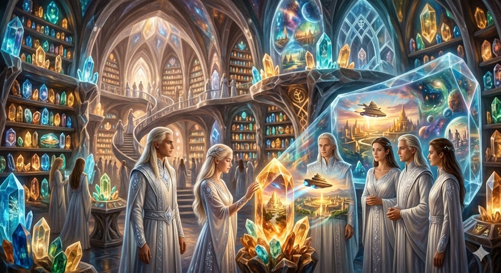 A vast, crystalline library hall with spiraling stairs. Tall, blonde Telosians in white robes are touching glowing orange and blue crystals that project scenes of ancient cities and starships.