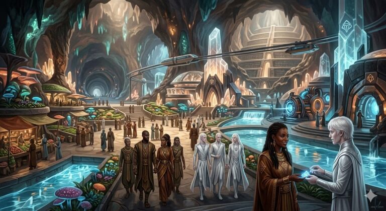 A Teros guardian with noble features and 48-chromosome DNA standing in a glowing underground antediluvian city. He wears Arcturian-style armor and observes a glowing energy console.